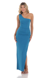 One Shoulder Ruched Maxi Dress in Marine Blue